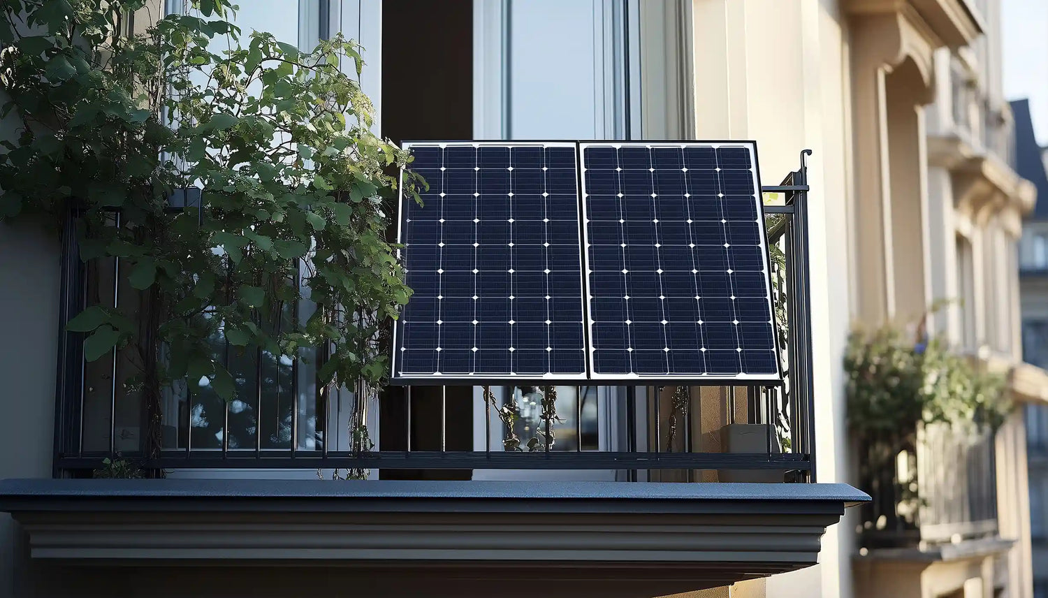 Balkonkraftwerk an einem Geländer in Reutlingen, zwei Solarmodule mit Süd-Ausrichtung.