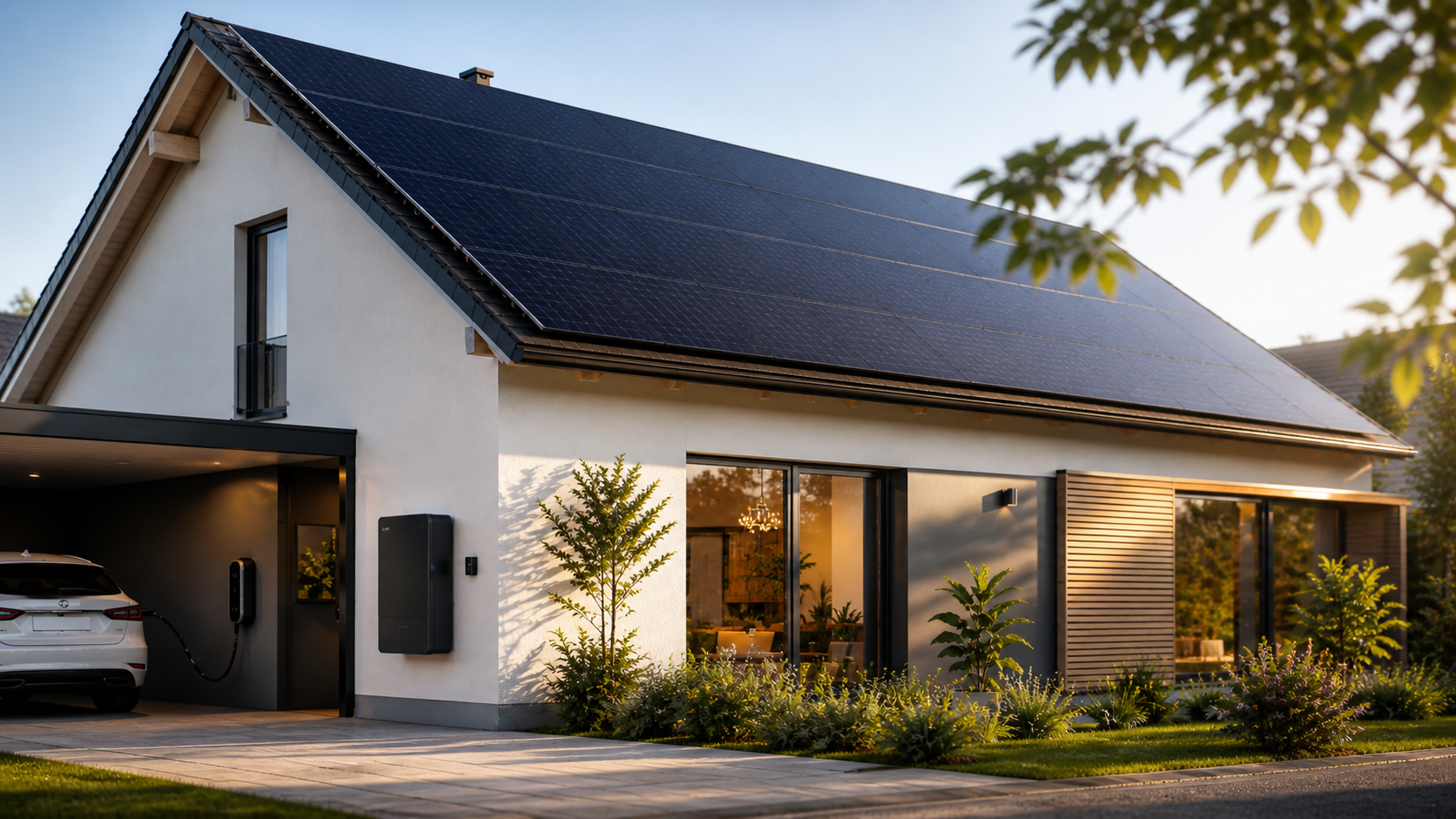 Photovoltaikanlage mit Batteriespeicher auf einem Einfamilienhaus – zentrale PV-Themen 2026: Anlage, Speicher, Eigenverbrauch.